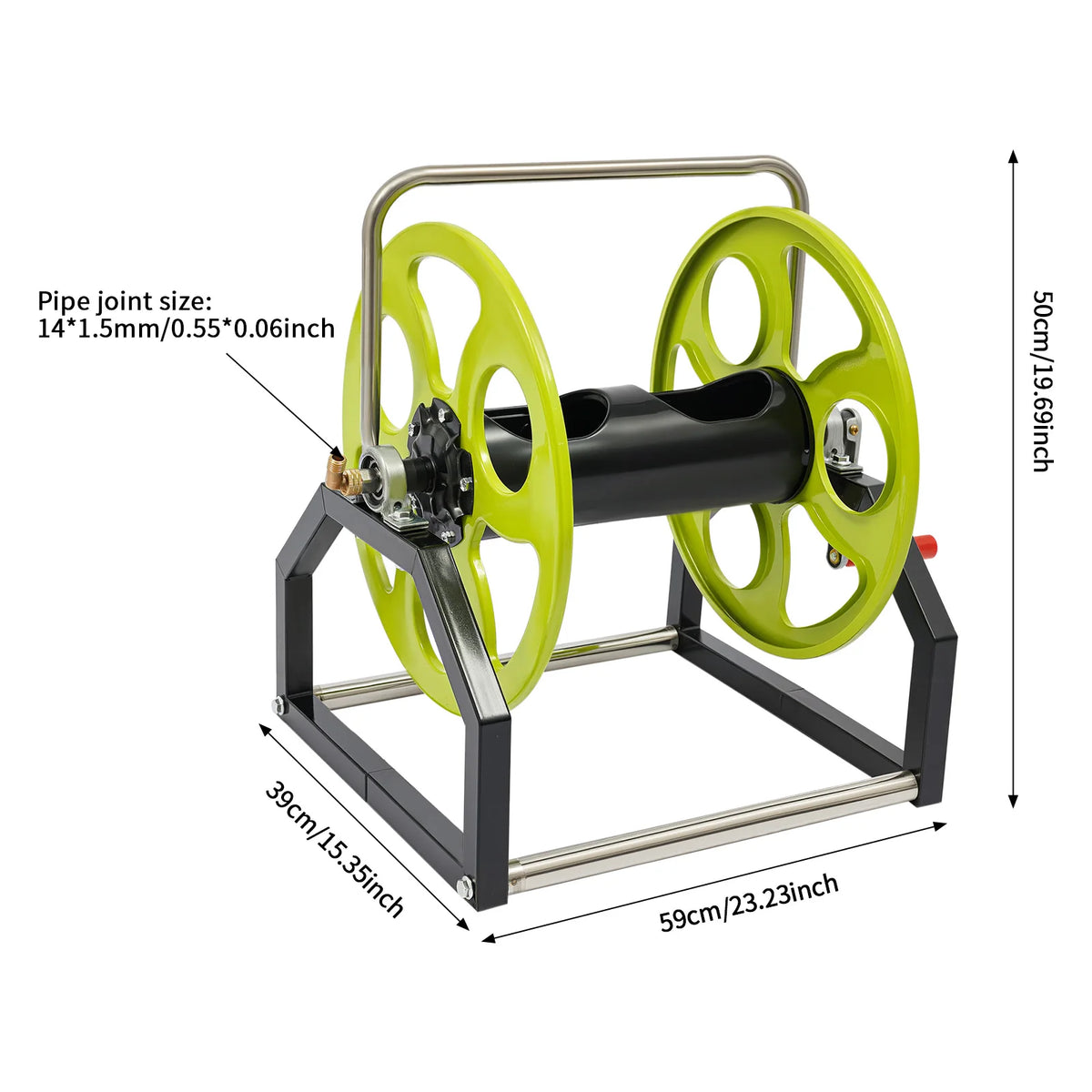 Metal Garden Hose Reel Featuring Crank Handle And Swivel Nozzle