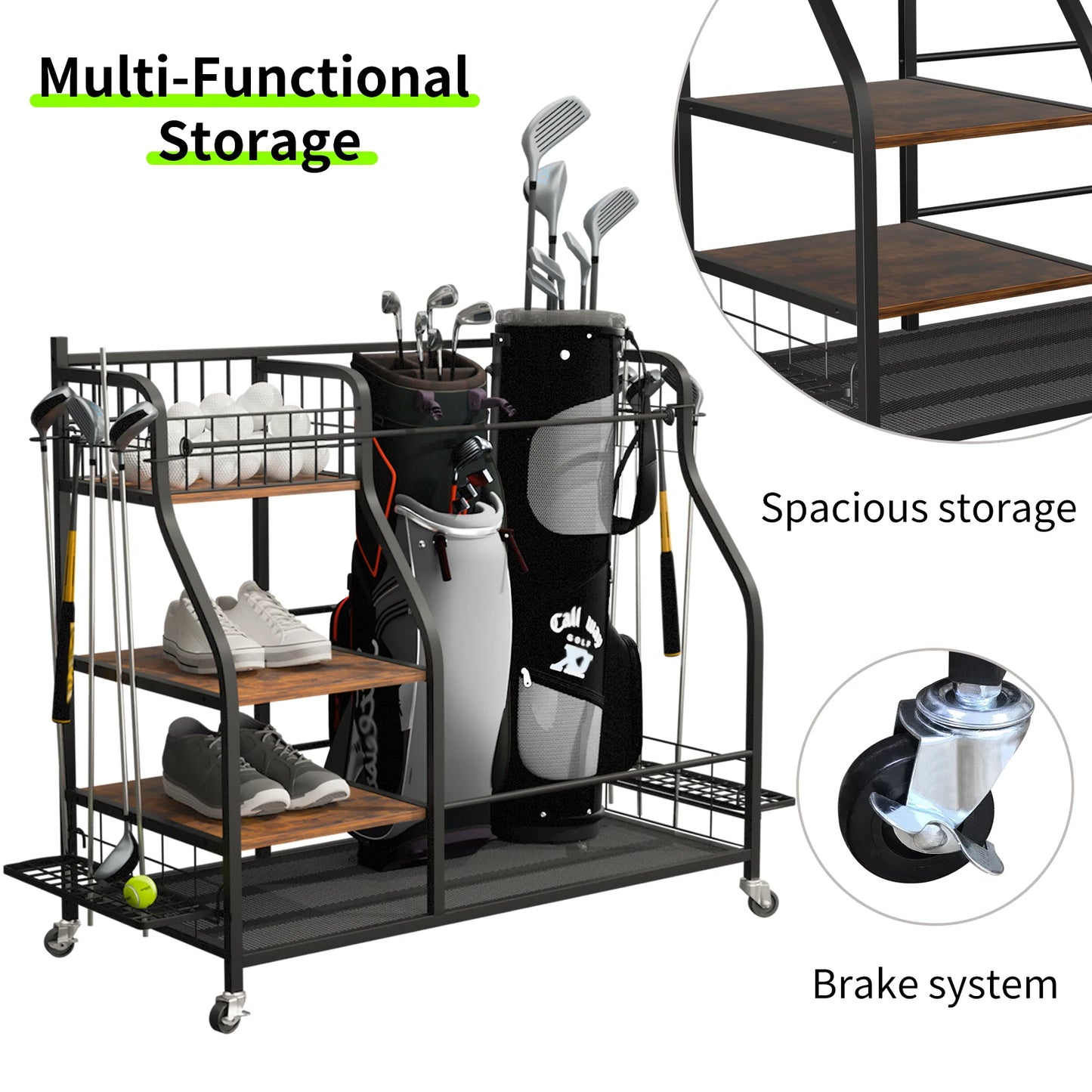 Multi Tier Rolling Golf Bag Storage Rack For Sports Equipment