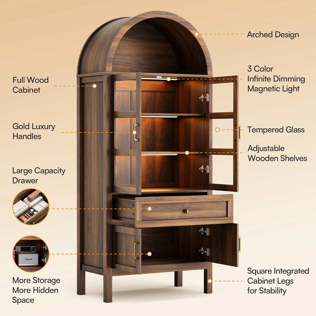 Cottinch Modern Arched Storage Cabinet With Adjustable Wooden Shelves