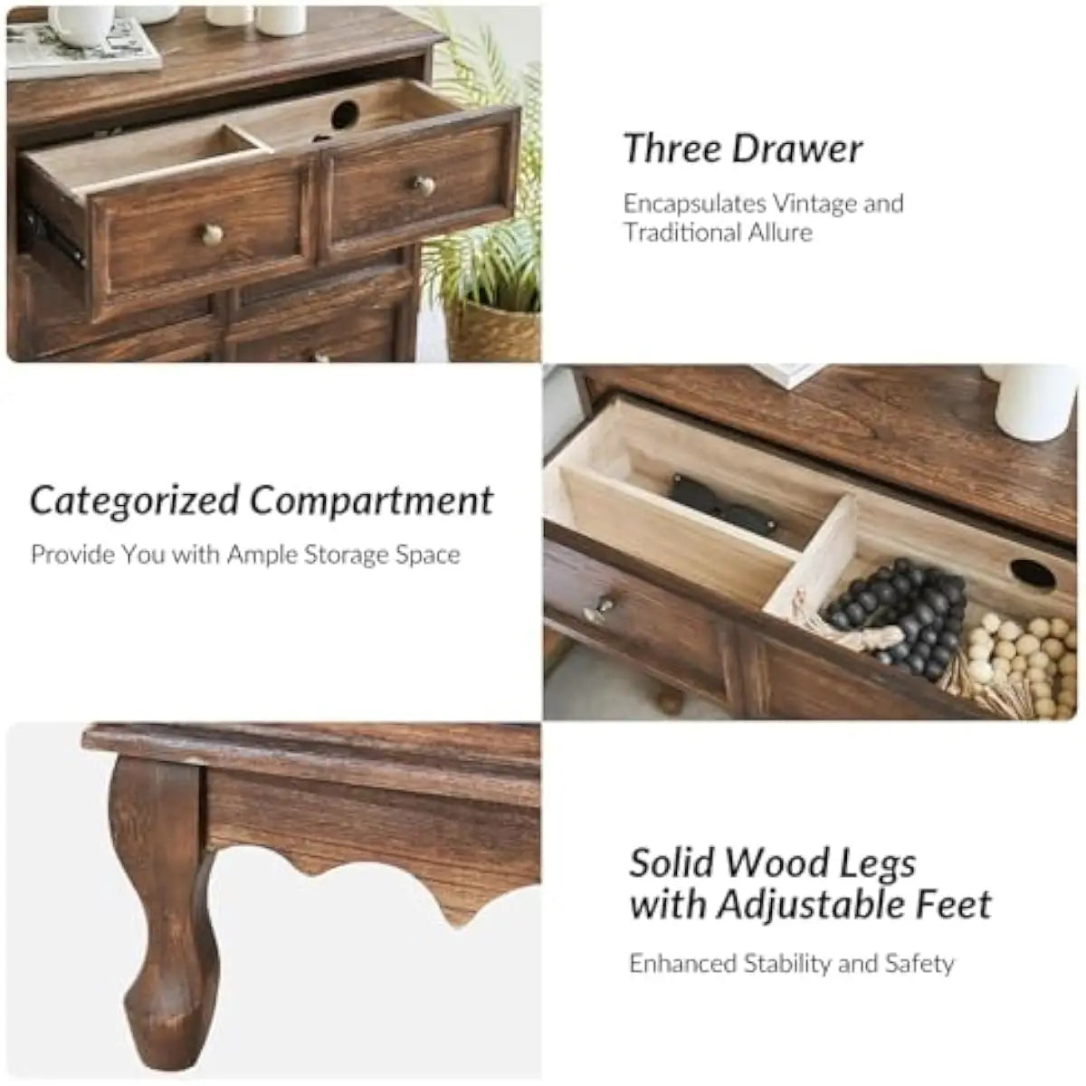 Solid Wood Nightstand With USB Hub Three Drawers Rustic Farmhouse