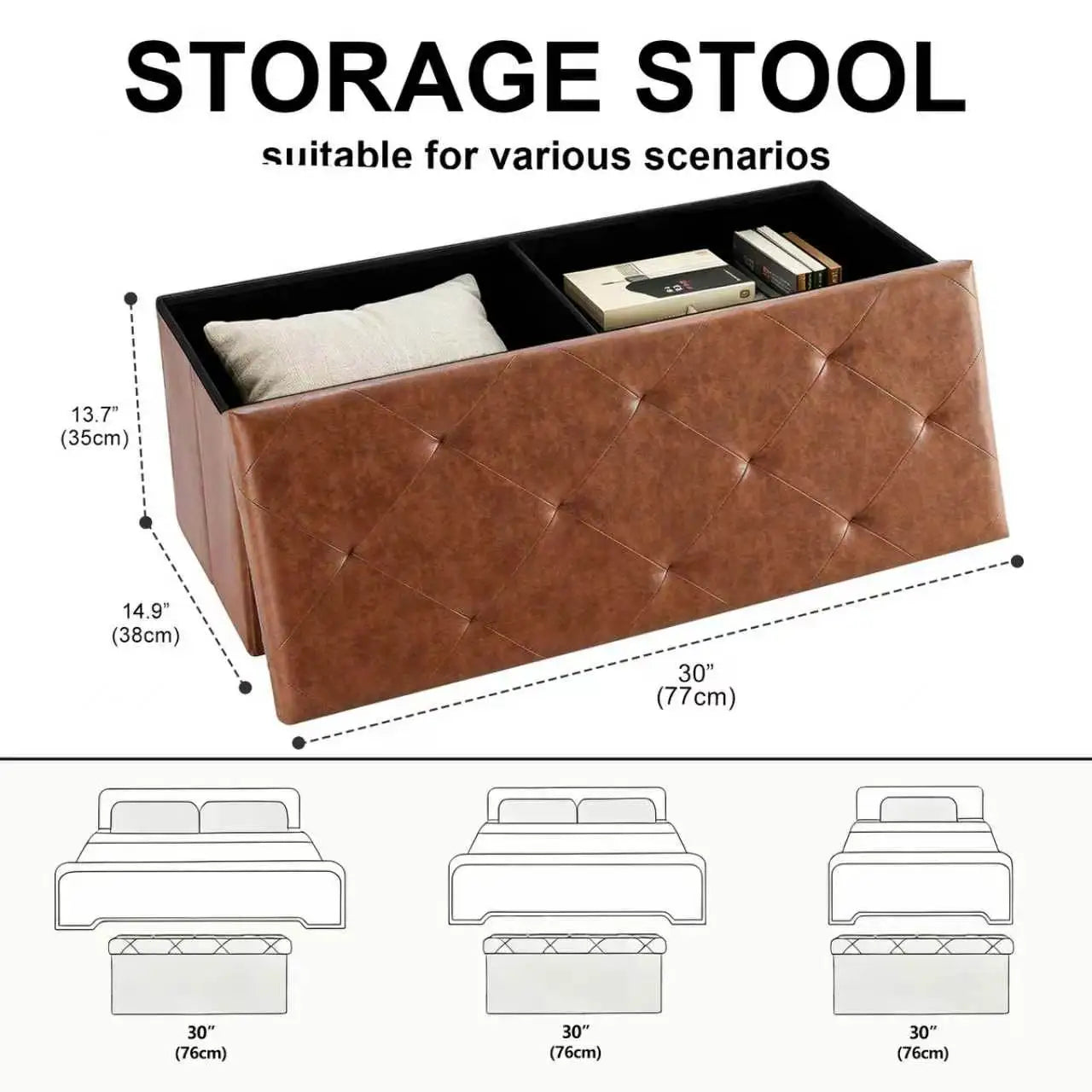 Folding Tufted Faux Leather Storage Bench With Hidden Compartment
