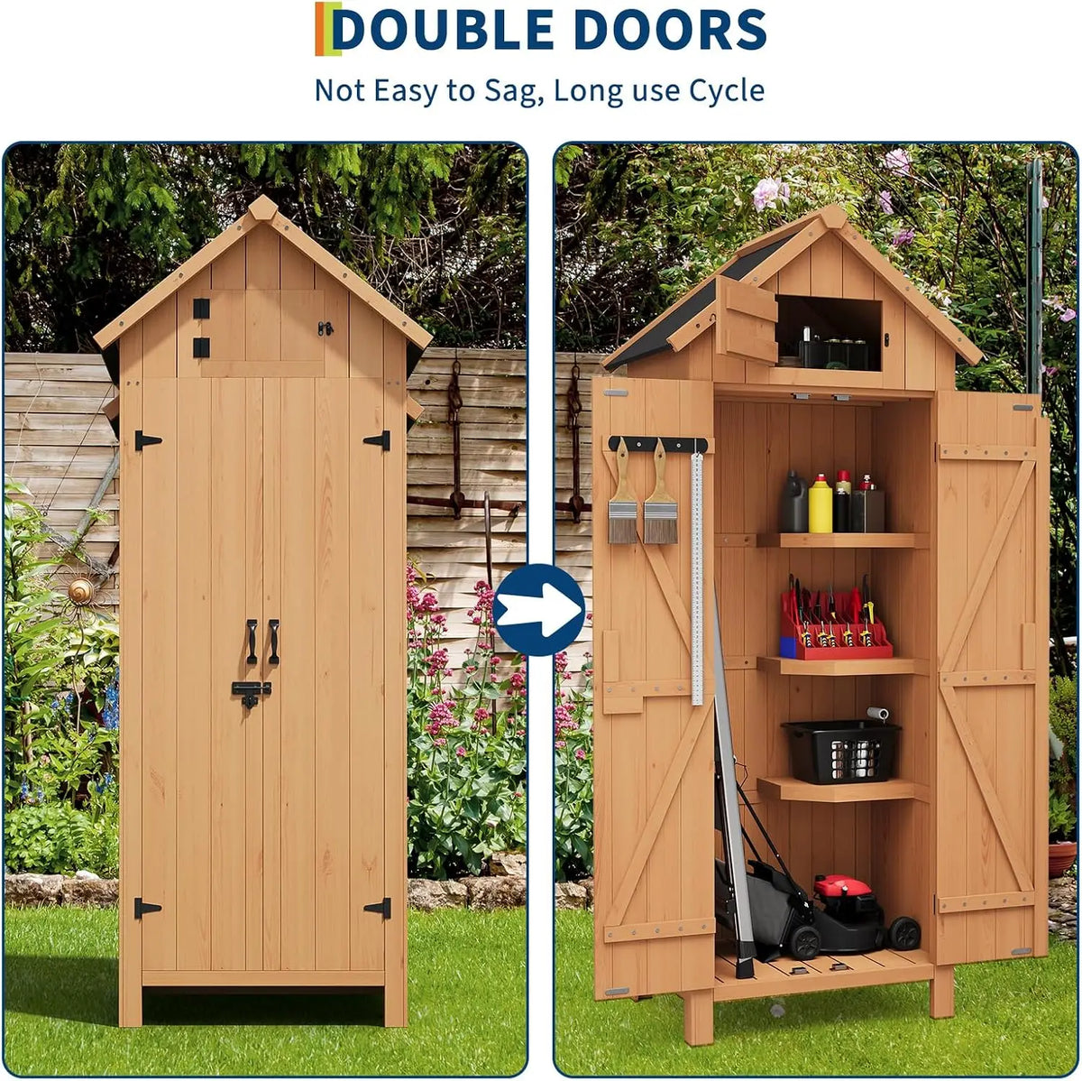 Solid Wood Outdoor Storage Cabinet With Double Doors And Shelves