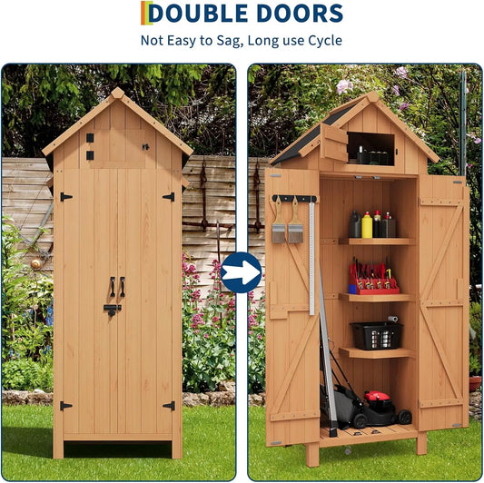 Solid Wood Outdoor Storage Cabinet With Double Doors And Shelves