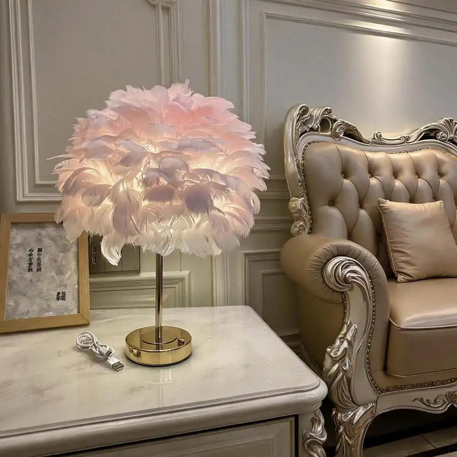 Rechargeable Feather Table Lamp For Modern Bedroom Bedside Ambient Lighting