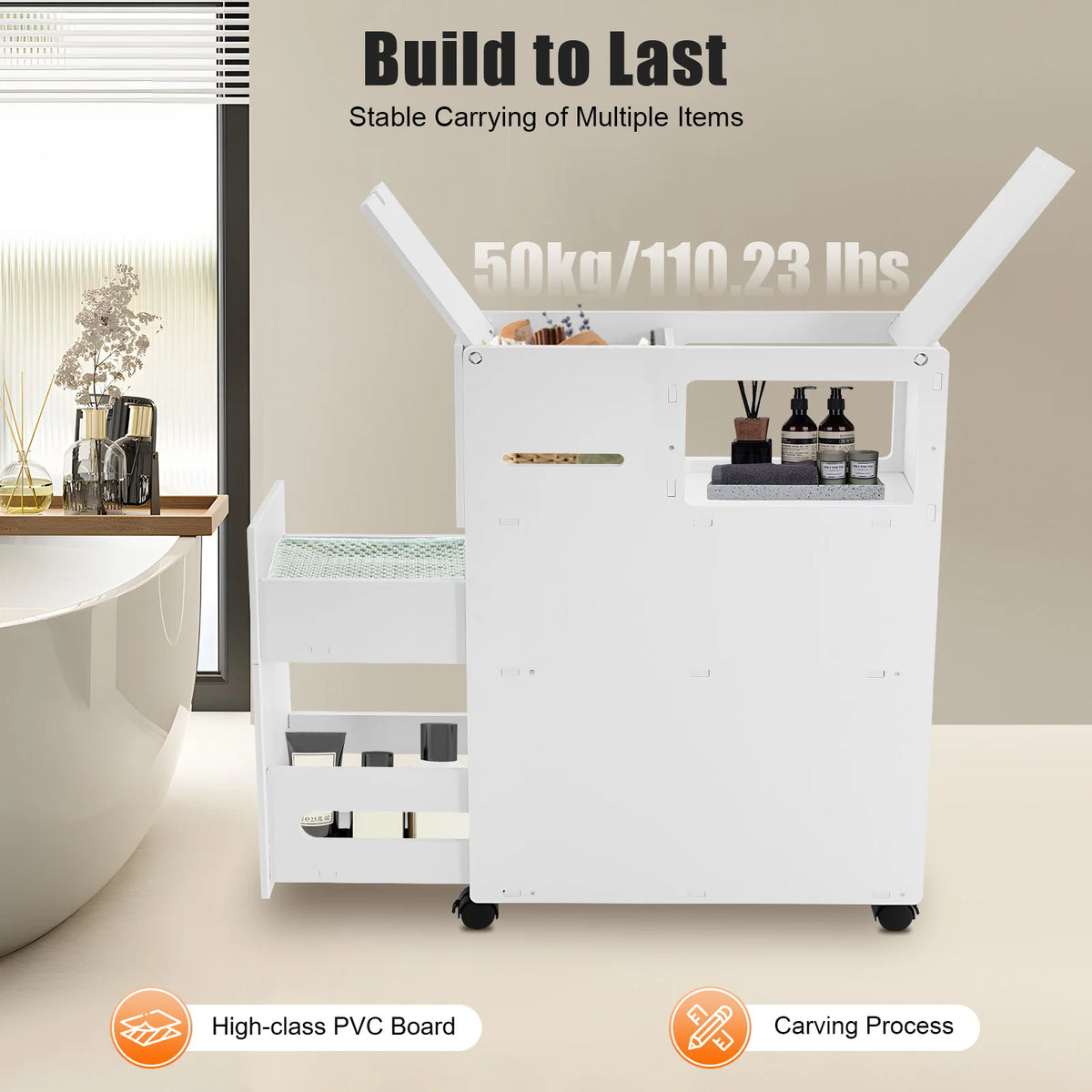 Narrow Pvc Bathroom Storage Cabinet With Drawers And Wheels