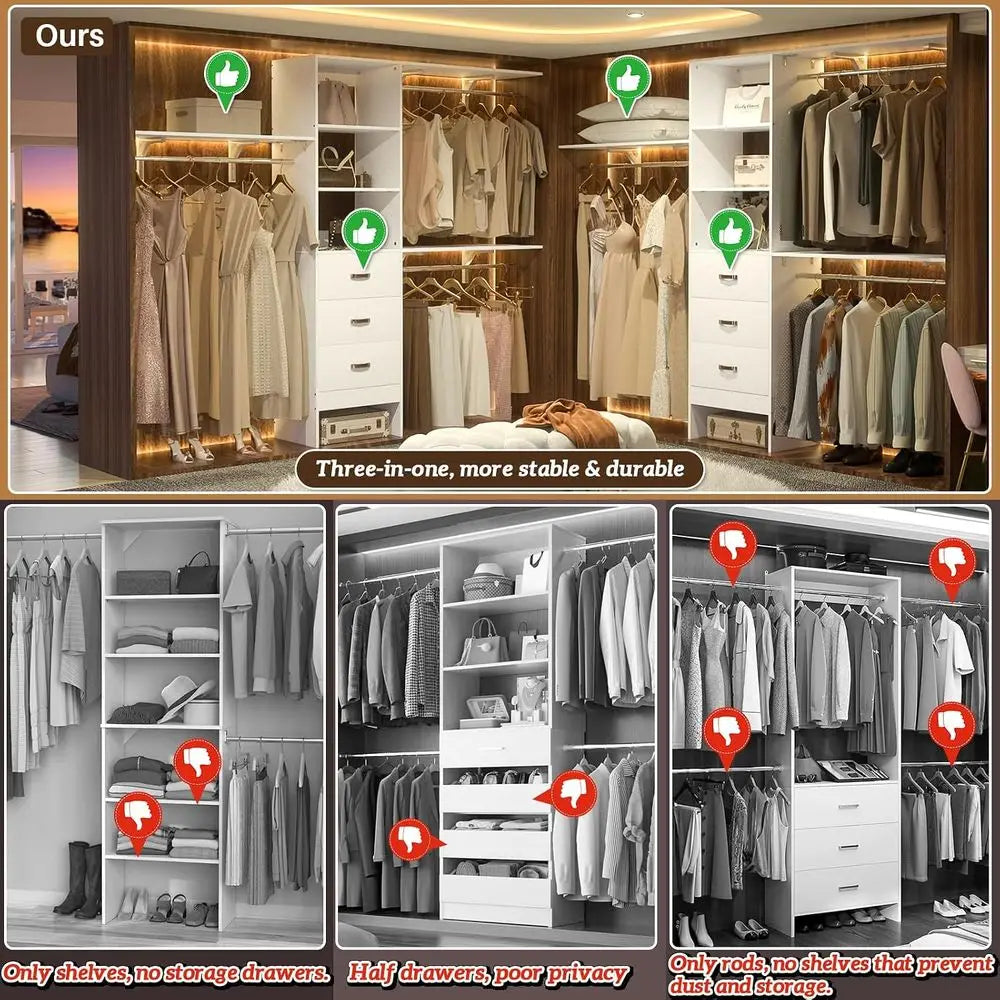 Adjustable Wood Closet Organizer With Three Wall Mount Hanging Rods