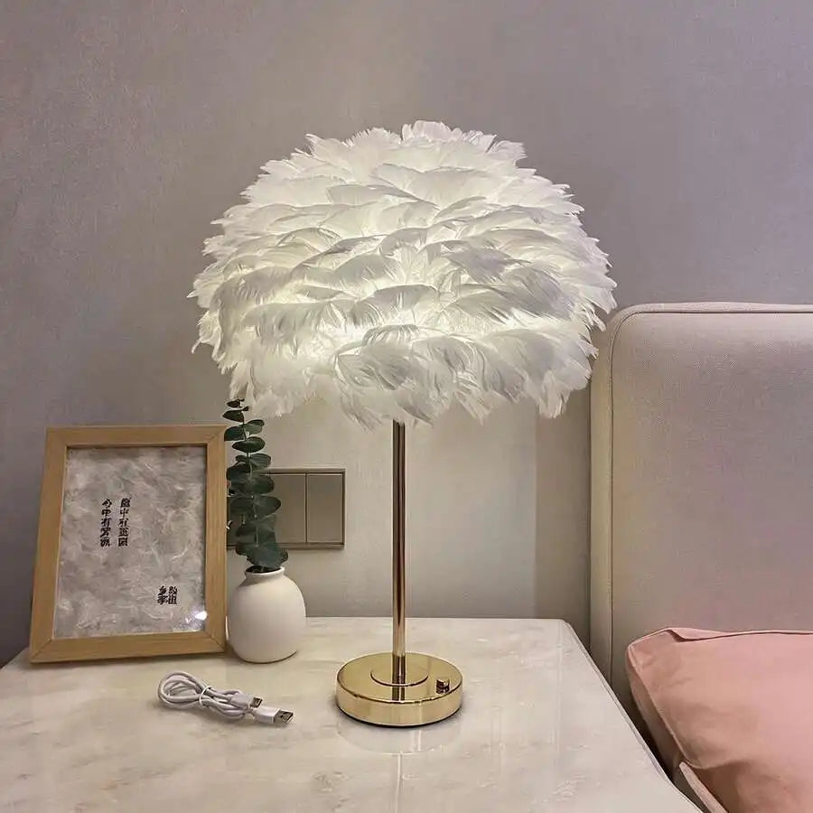 Rechargeable Feather Table Lamp For Modern Bedroom Bedside Ambient Lighting
