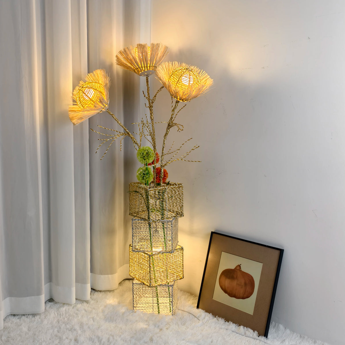 Modern Rattan Standing Floor Lamp With Dimmable Led Indoor Lighting