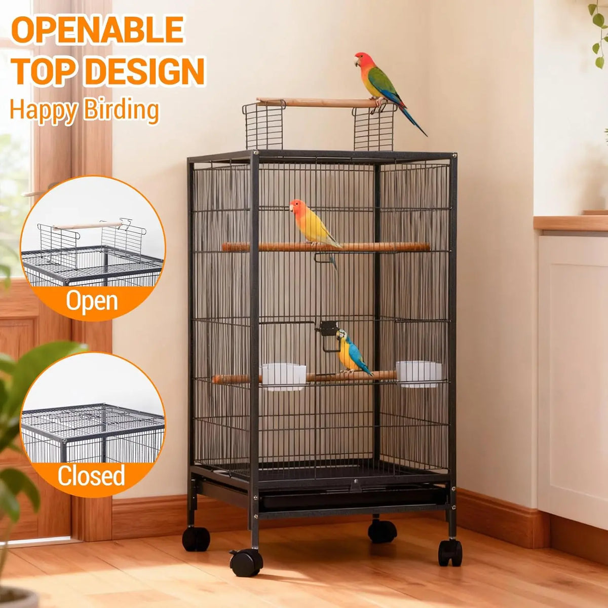 HiMISS Open Top Bird Cage With Rolling Stand And Feeder
