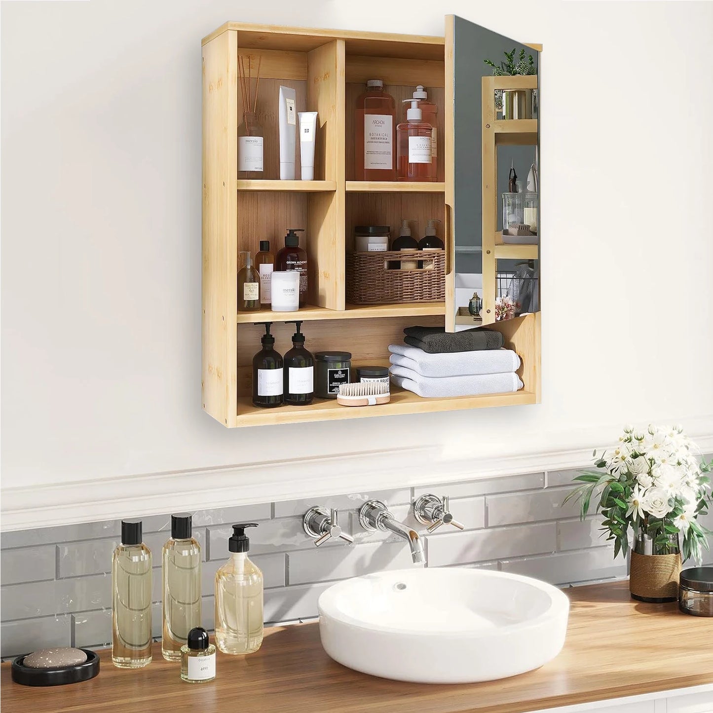 Wisfor Bamboo Bathroom Cabinet With Mirror And Medicine Storage Shelves