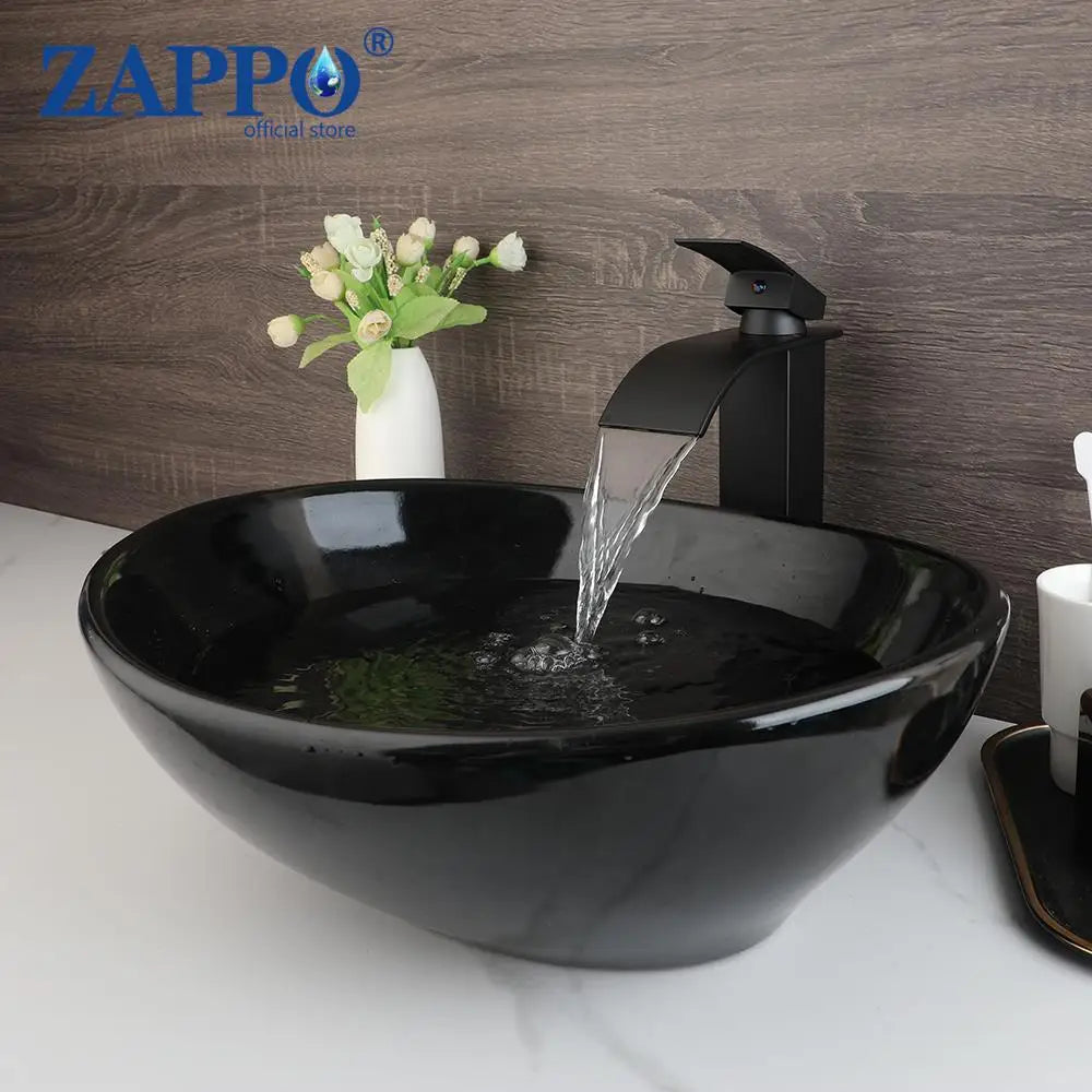 MEKKHALA Round Ceramic Vessel Sink Set Antique Brass Waterfall Faucet