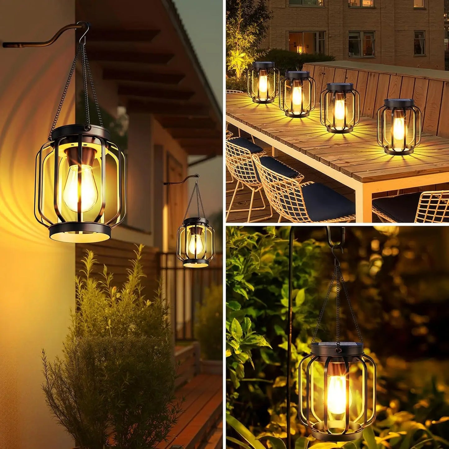 Waterproof Four Pack Outdoor Solar Lanterns With Auto Switch Hooks