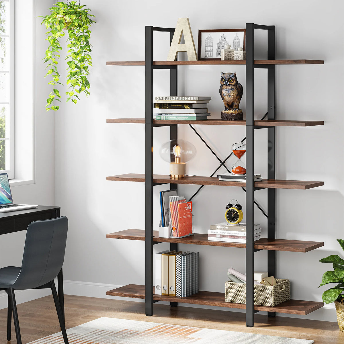Tribesigns Five Tier Industrial Style Wooden Bookshelf Bookcase