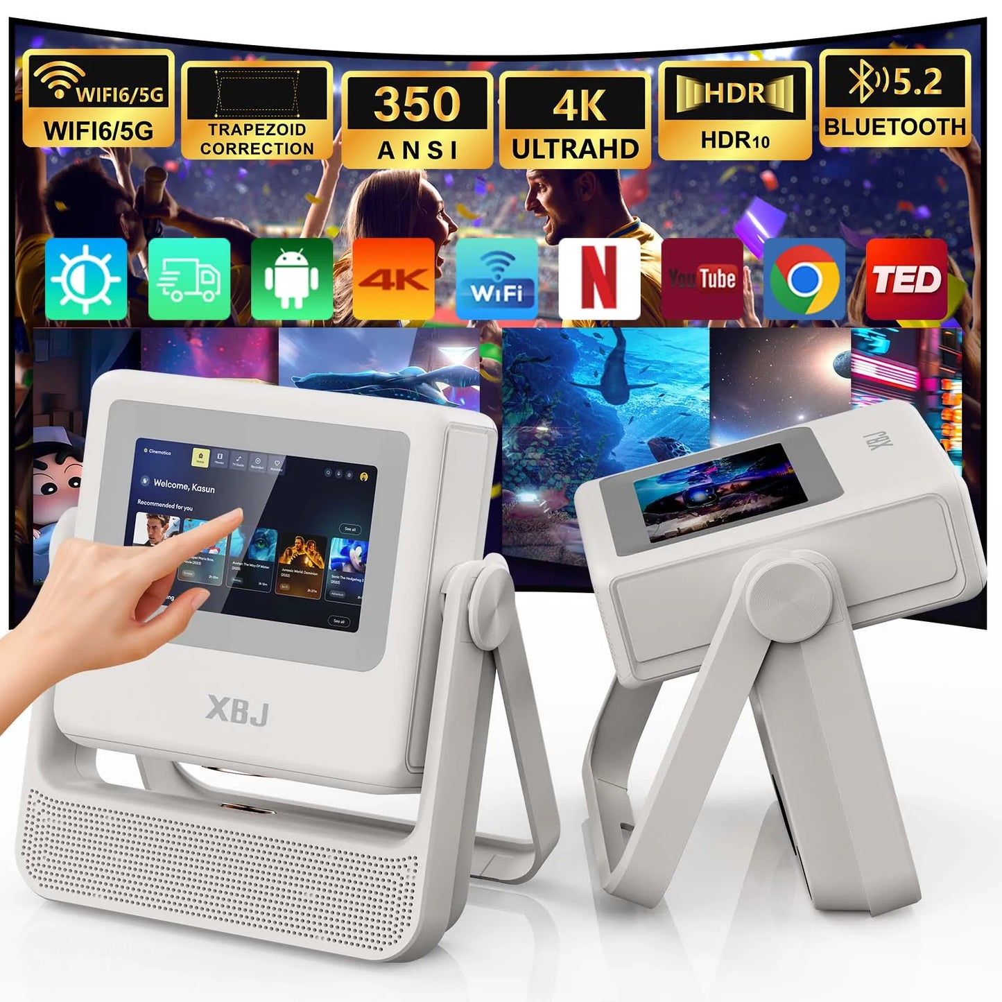 XBJ A5Pro 1080P Portable Projector With Wifi6 Auto Focus
