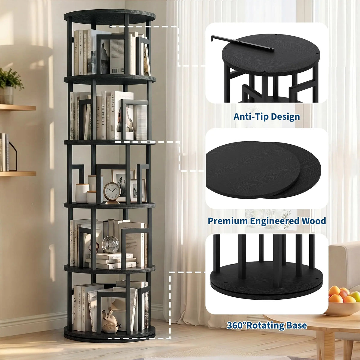 HiMISS 5 Tier Rotating Bookshelf Tower Corner Storage Shelf