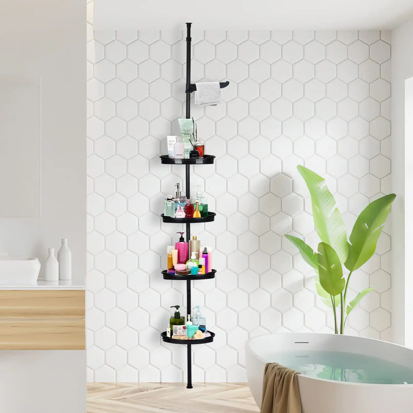Four Tier Corner Shower Caddy With Tension Pole Rack