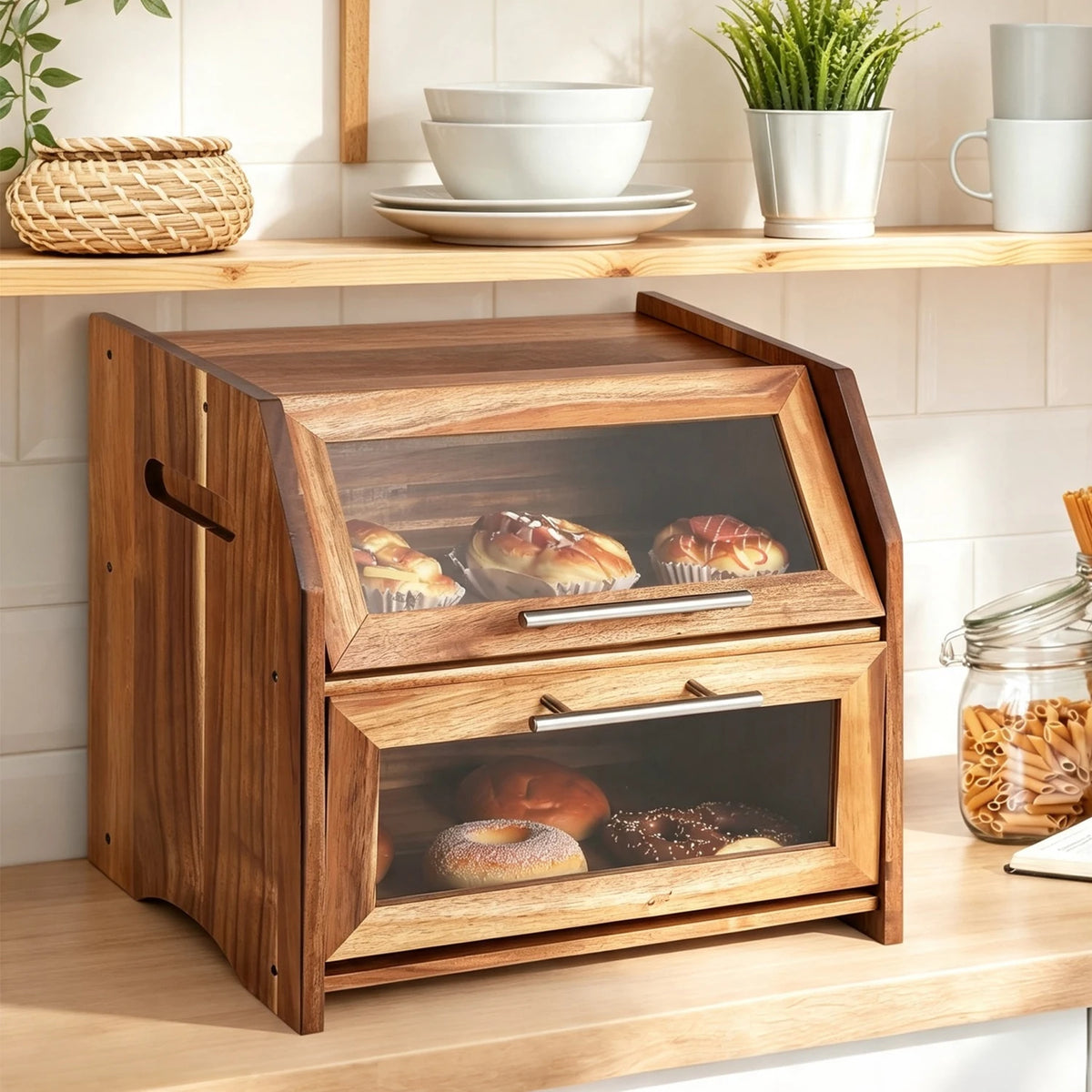 HiMISS Double Layer Acacia Wood Bread Box With Ventilated Storage