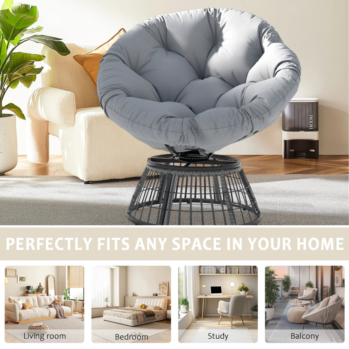 Swivel Outdoor Rattan Papasan Lounge Chair With Thick Cushion