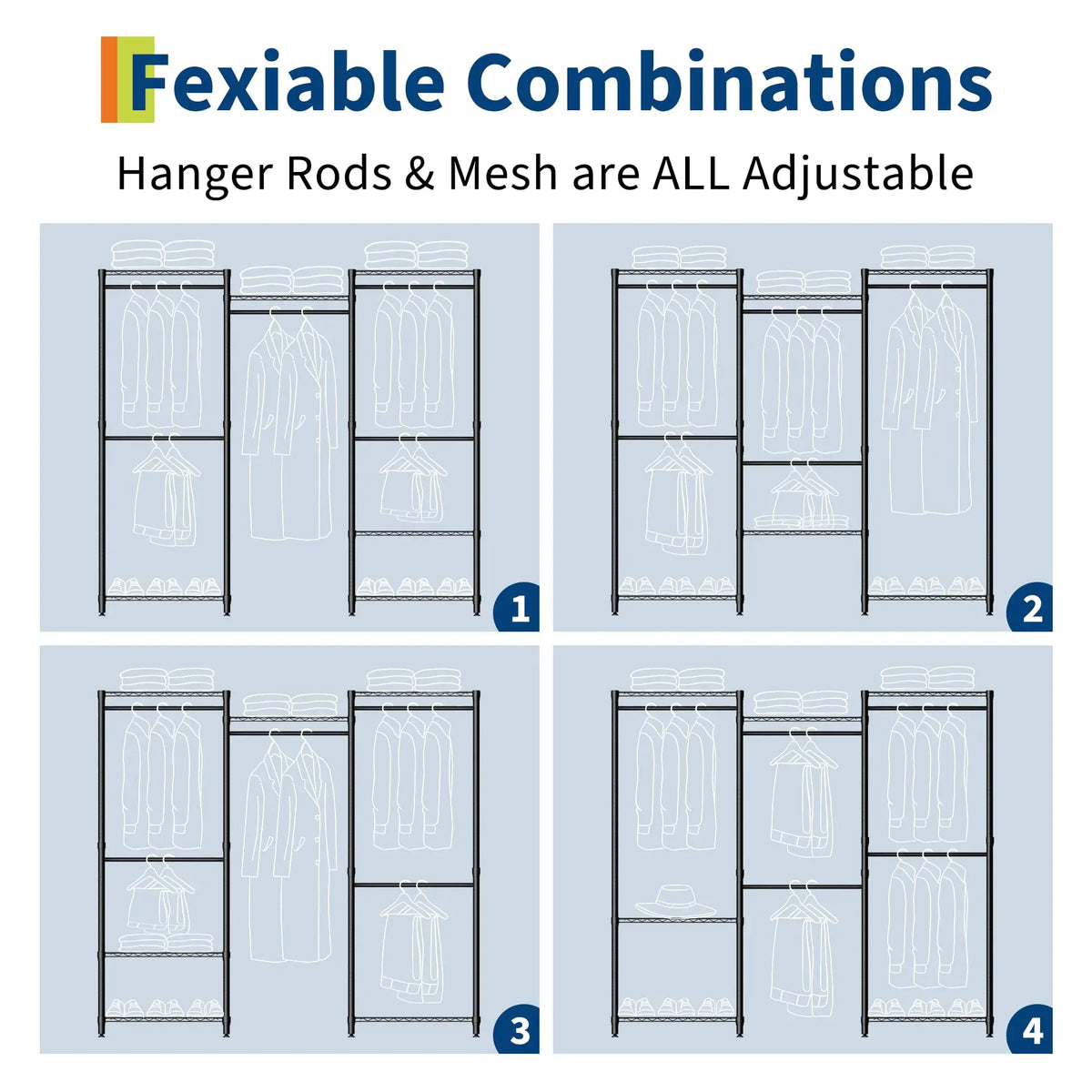 HiMiss Freestanding L Shaped Clothes Rack With Adjustable Shelves