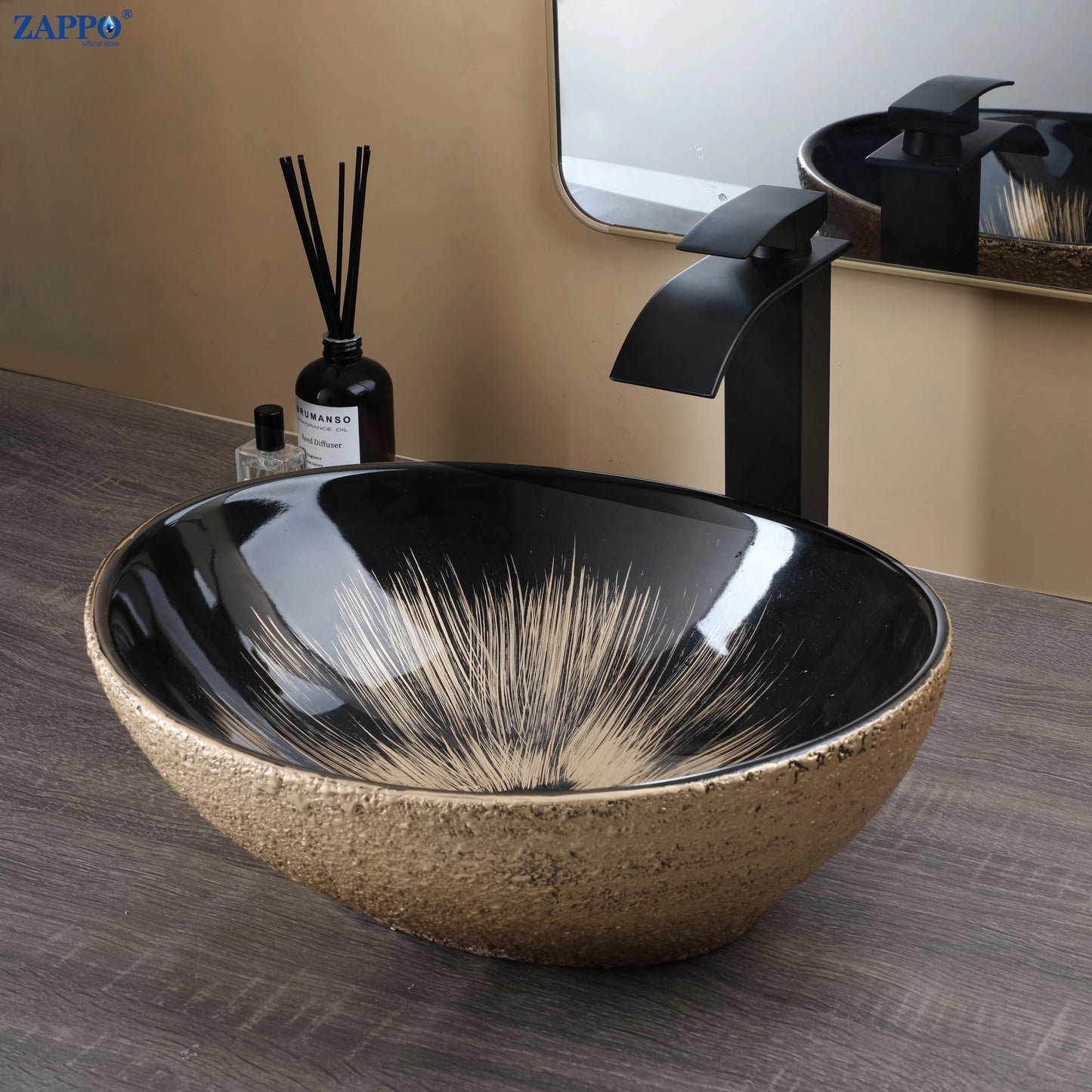 MEKKHALA Round Ceramic Vessel Sink Set Antique Brass Waterfall Faucet