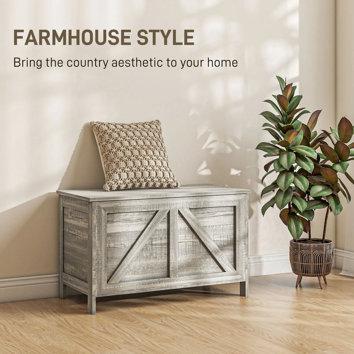 HOMCOM Farmhouse Storage Bench With Lift Top And Safety Hinge