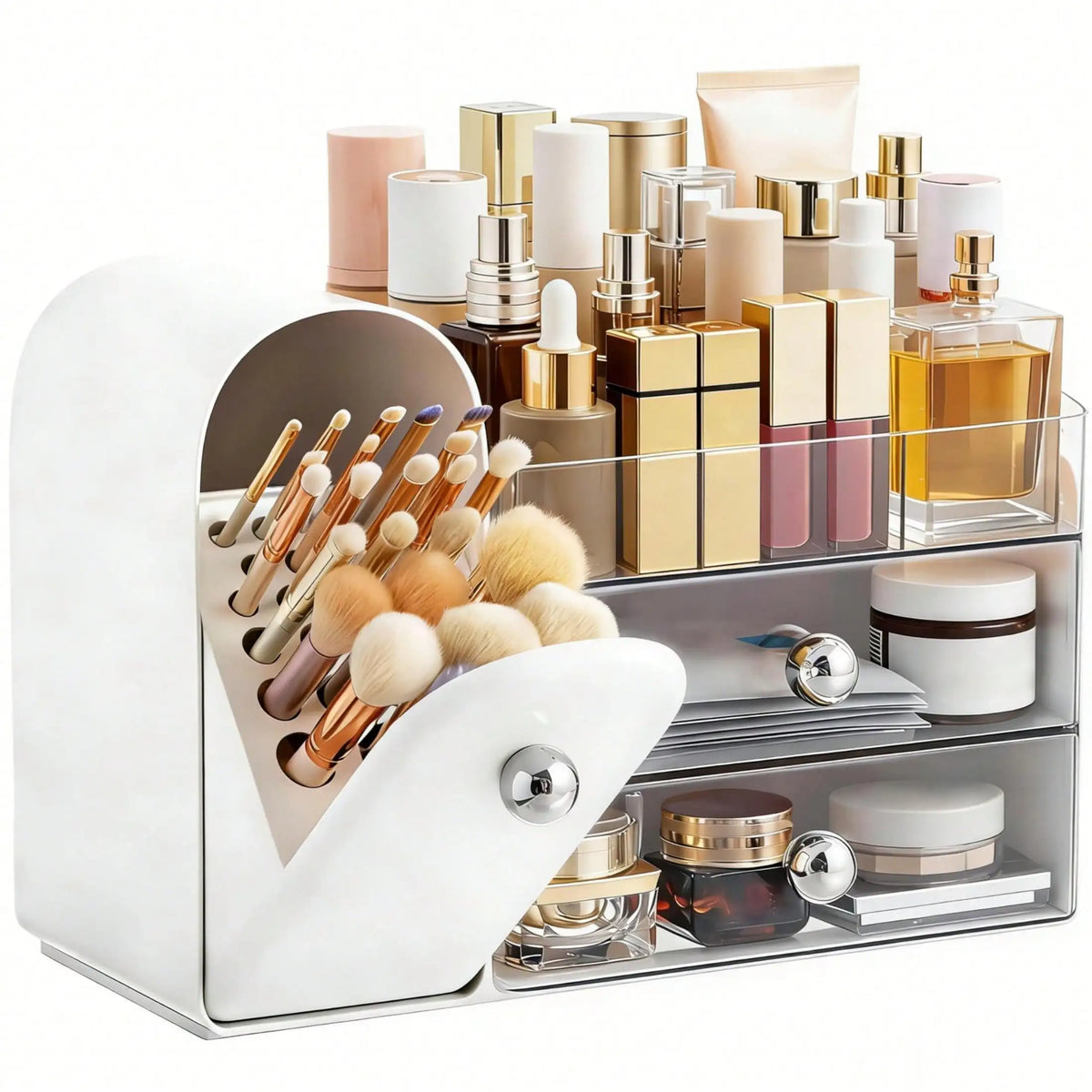 Makeup Organizer With Drawers And Brush Holder For Vanity Counter