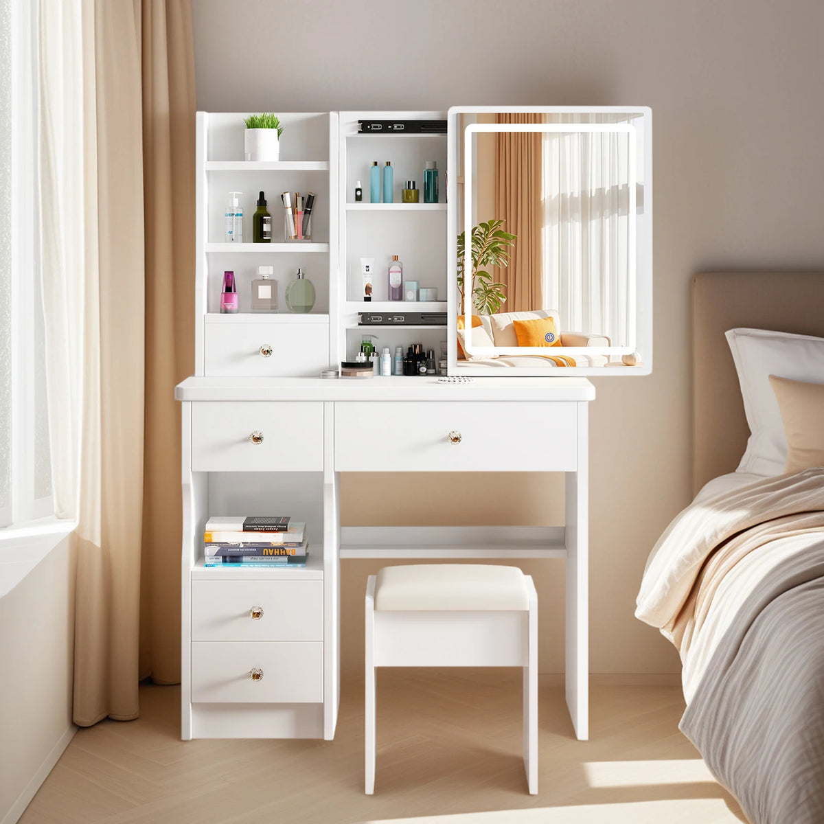 Modern Wooden Vanity Desk Featuring Adjustable LED Sliding Mirror