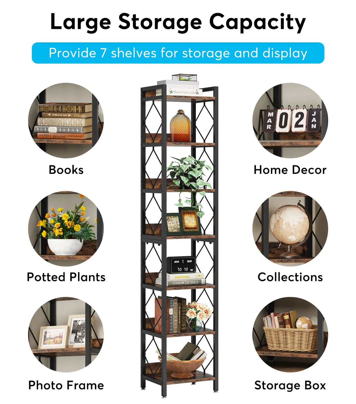 Tribesigns 7 Tier Freestanding Wooden Bookshelf Home Storage Display Unit