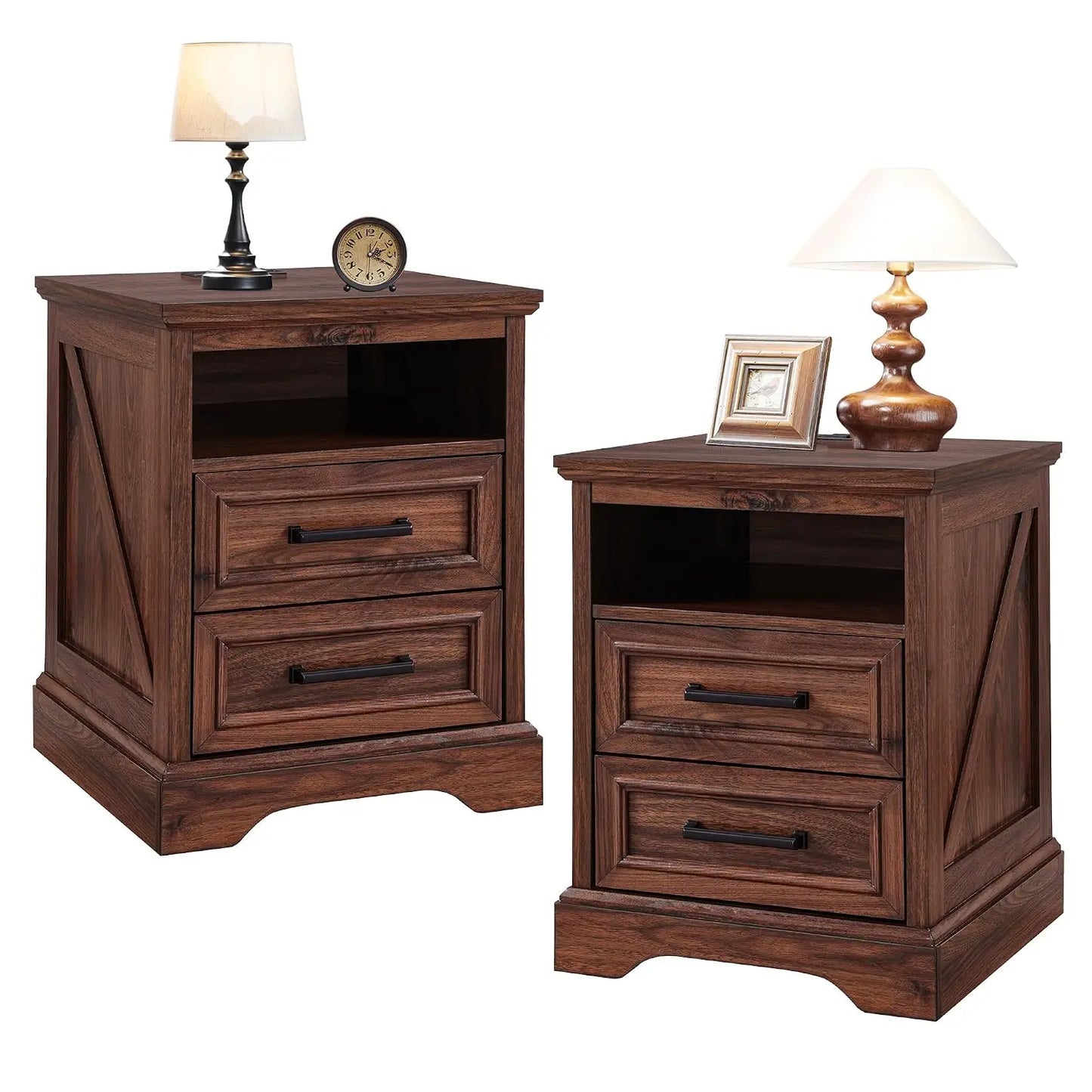 Farmhouse Nightstands Set of 2 With Drawers and Charging Station