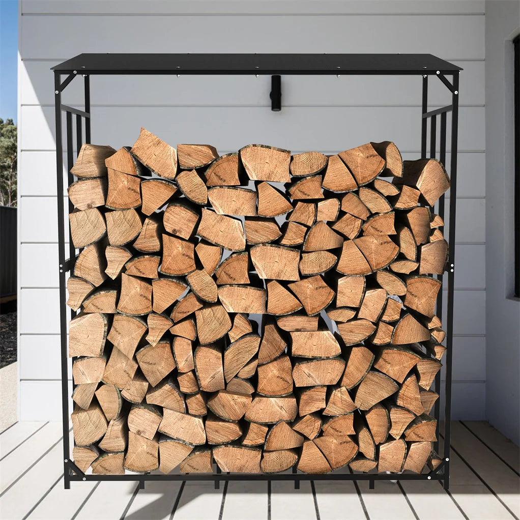 Metal Log Store With Waterproof Roof For Outdoor Garden Firewood