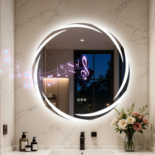Round Led Bathroom Mirror With Bluetooth Speaker And Defog