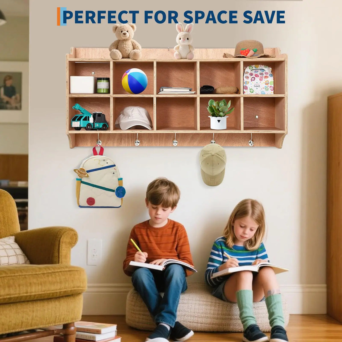 HiMISS Wall Mounted Wooden Kids Cubby Storage Organizer With Hooks