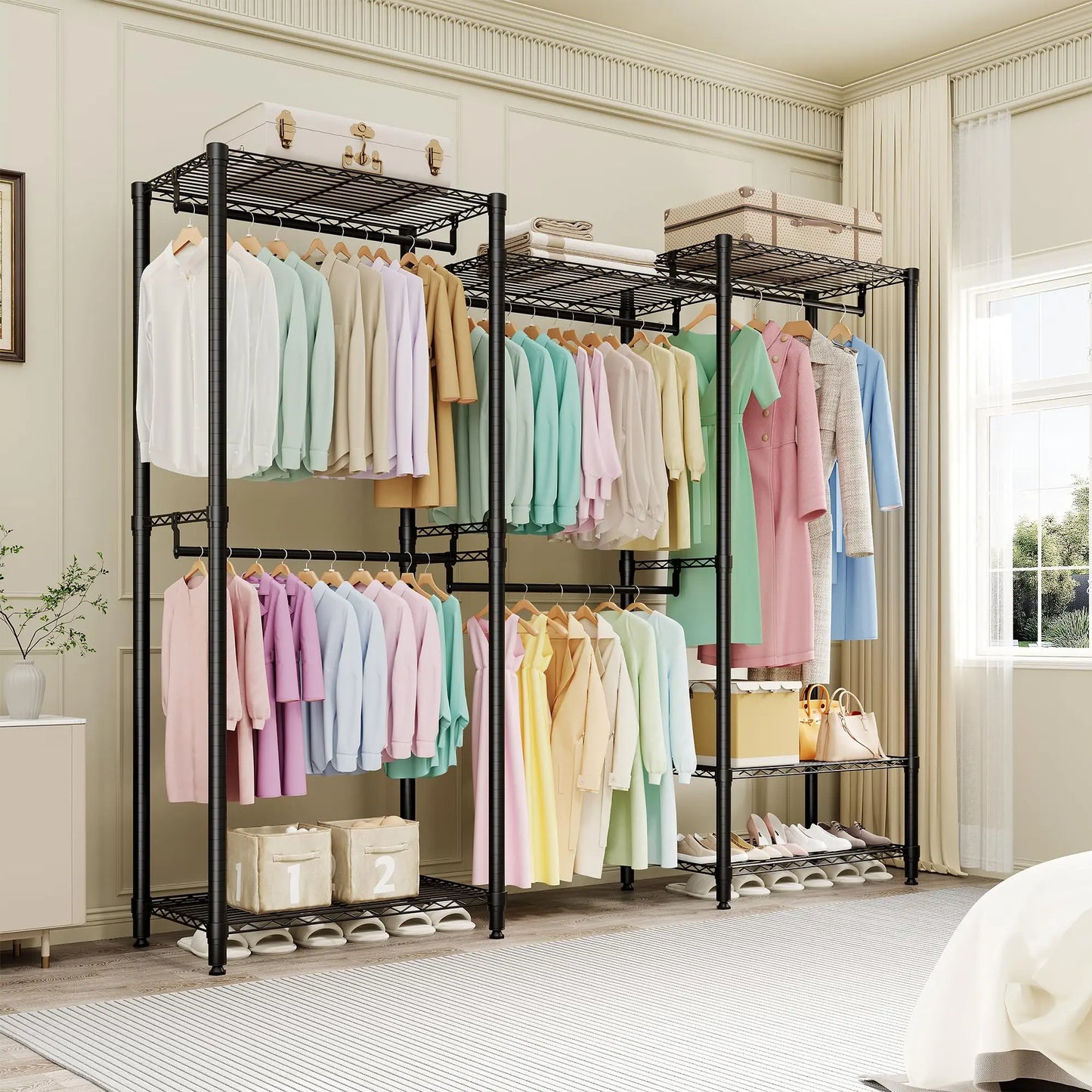 HiMiss Freestanding L Shaped Clothes Rack With Adjustable Shelves