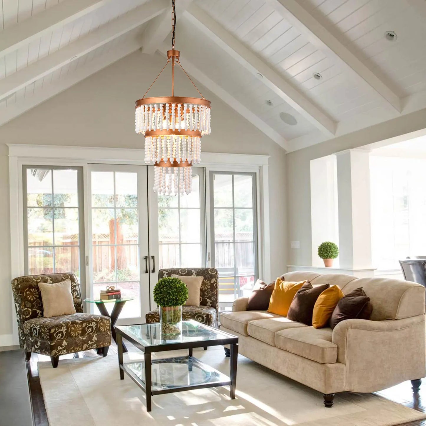 Elegant Adjustable Wood Bead Chandelier Five Light Ceiling Pendant