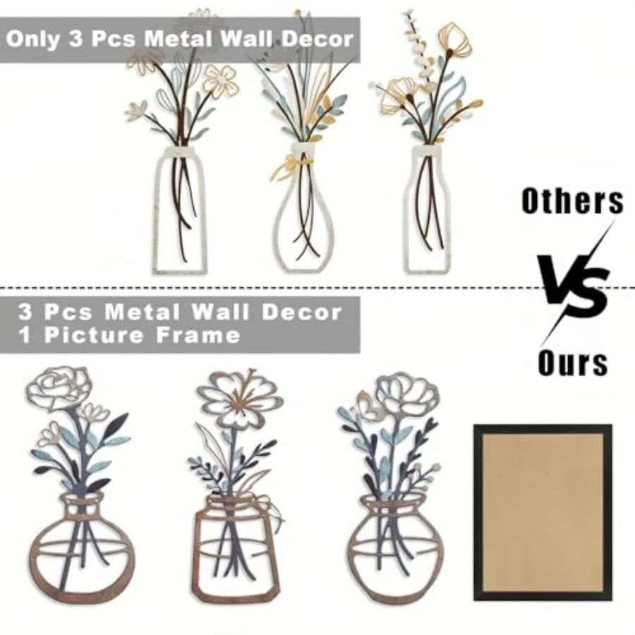 3 Piece Floral Vase Wall Art And Picture Frame Set