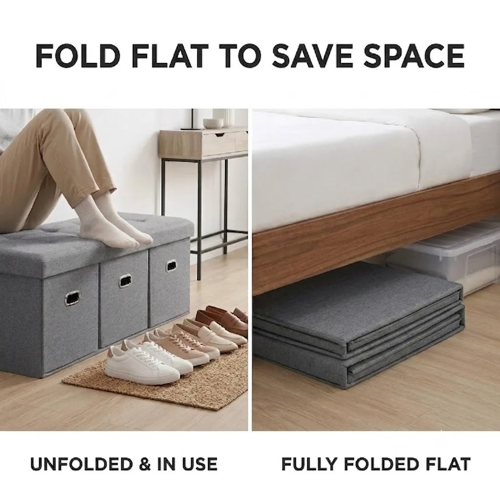 Three Drawer Foldable Linen Storage Ottoman Bench With Tufted Seat