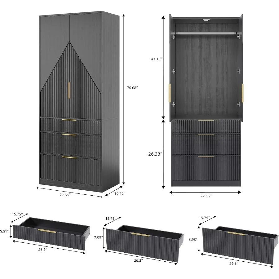 Wooden Wardrobe Armoire With Doors Drawers And Hanging Rod Storage