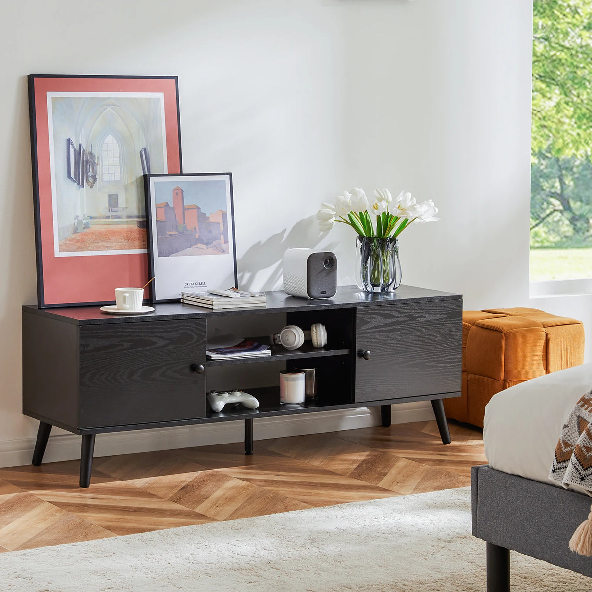 JHK Modern Wooden Fireplace TV Stand With Adjustable Shelves