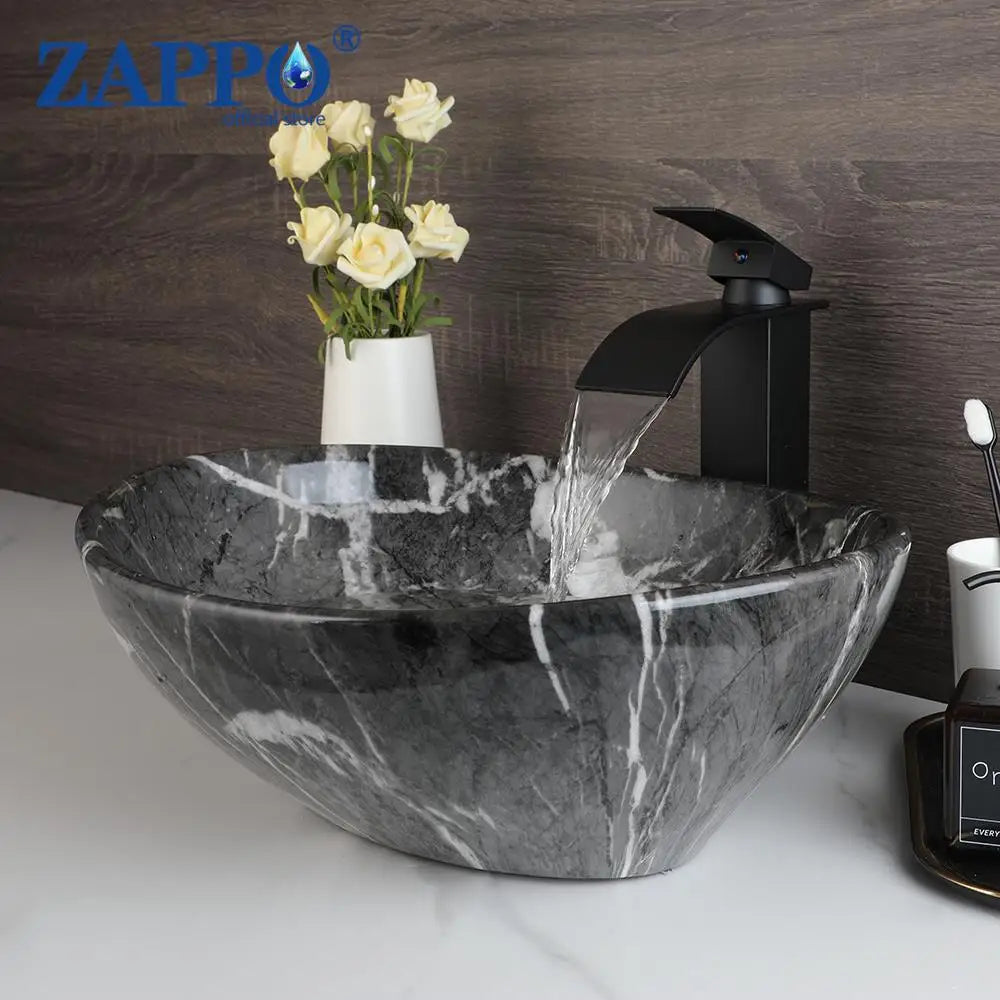 MEKKHALA Round Ceramic Vessel Sink Set Antique Brass Waterfall Faucet