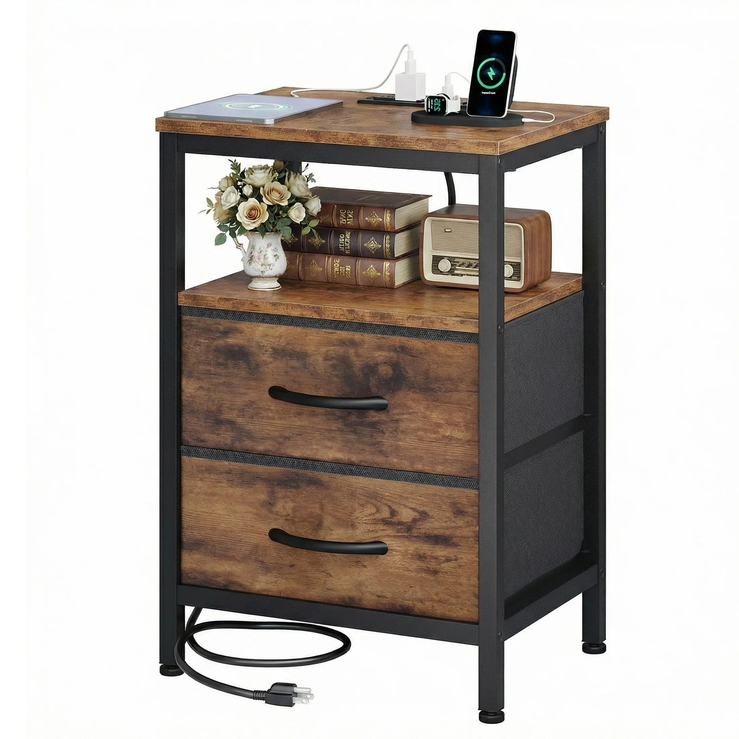 JHK Modern Nightstand With Fabric Drawers And USB Port