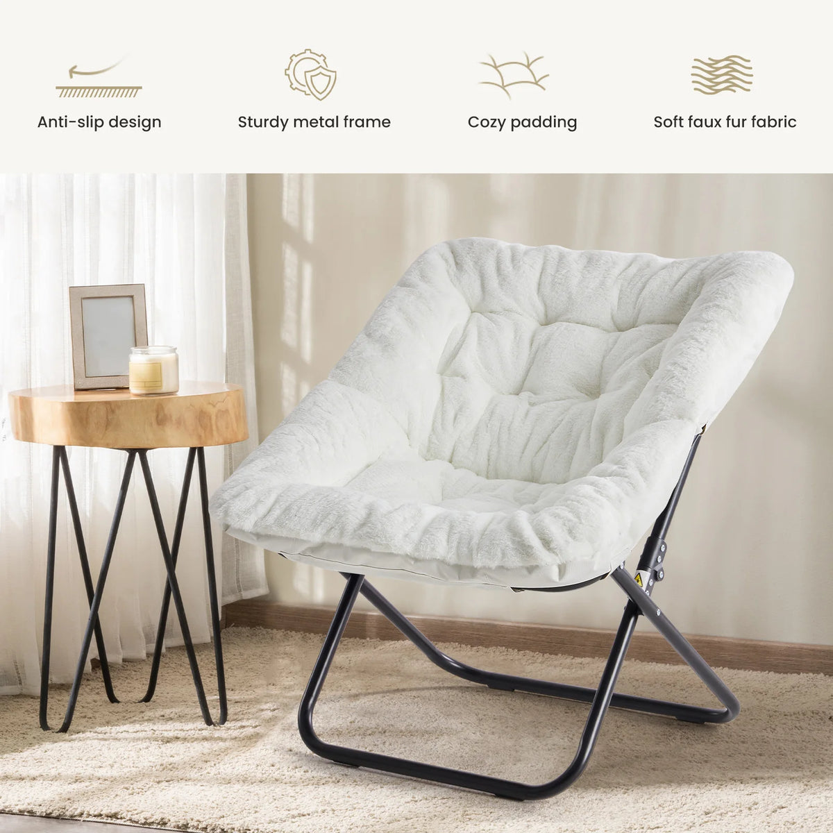 JHK Faux Fur Folding Saucer Chair With Padded Lounge Seat