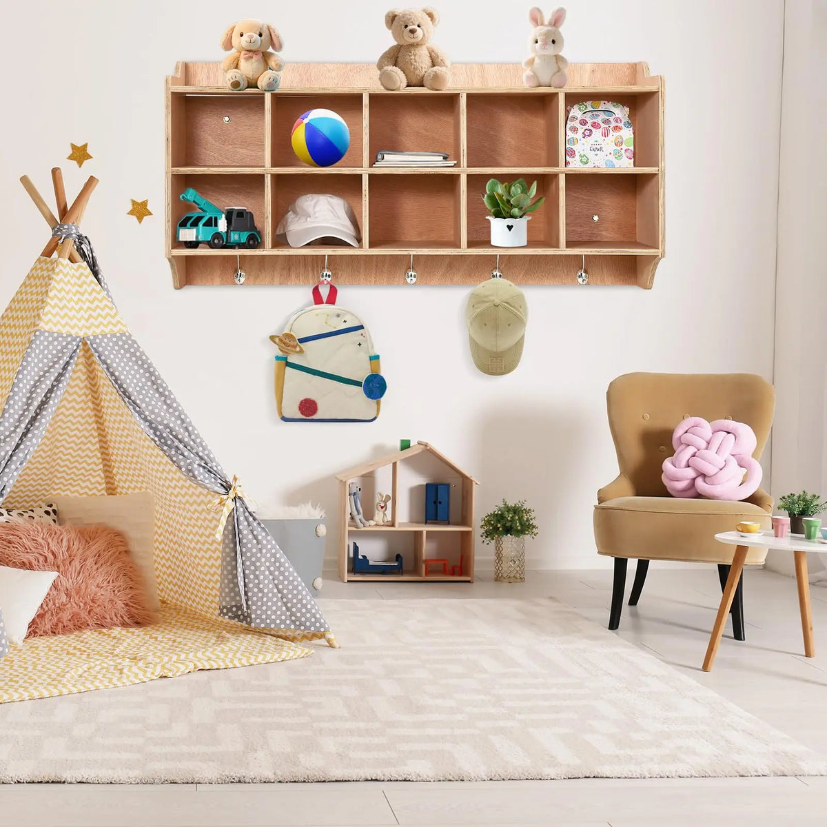 HiMISS Wall Mounted Wooden Kids Cubby Storage Organizer With Hooks