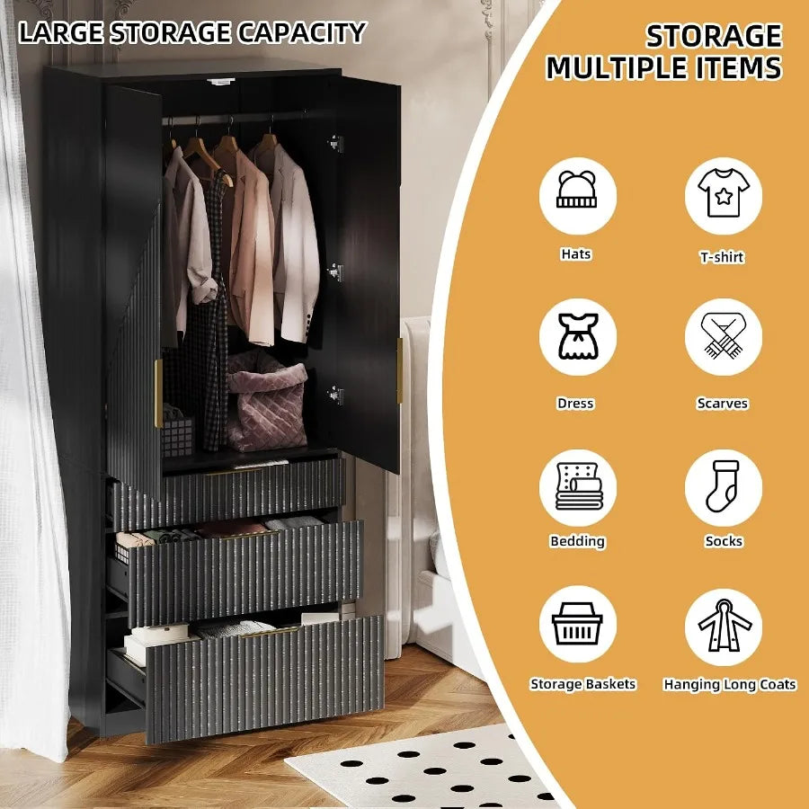 Wooden Wardrobe Armoire With Doors Drawers And Hanging Rod Storage