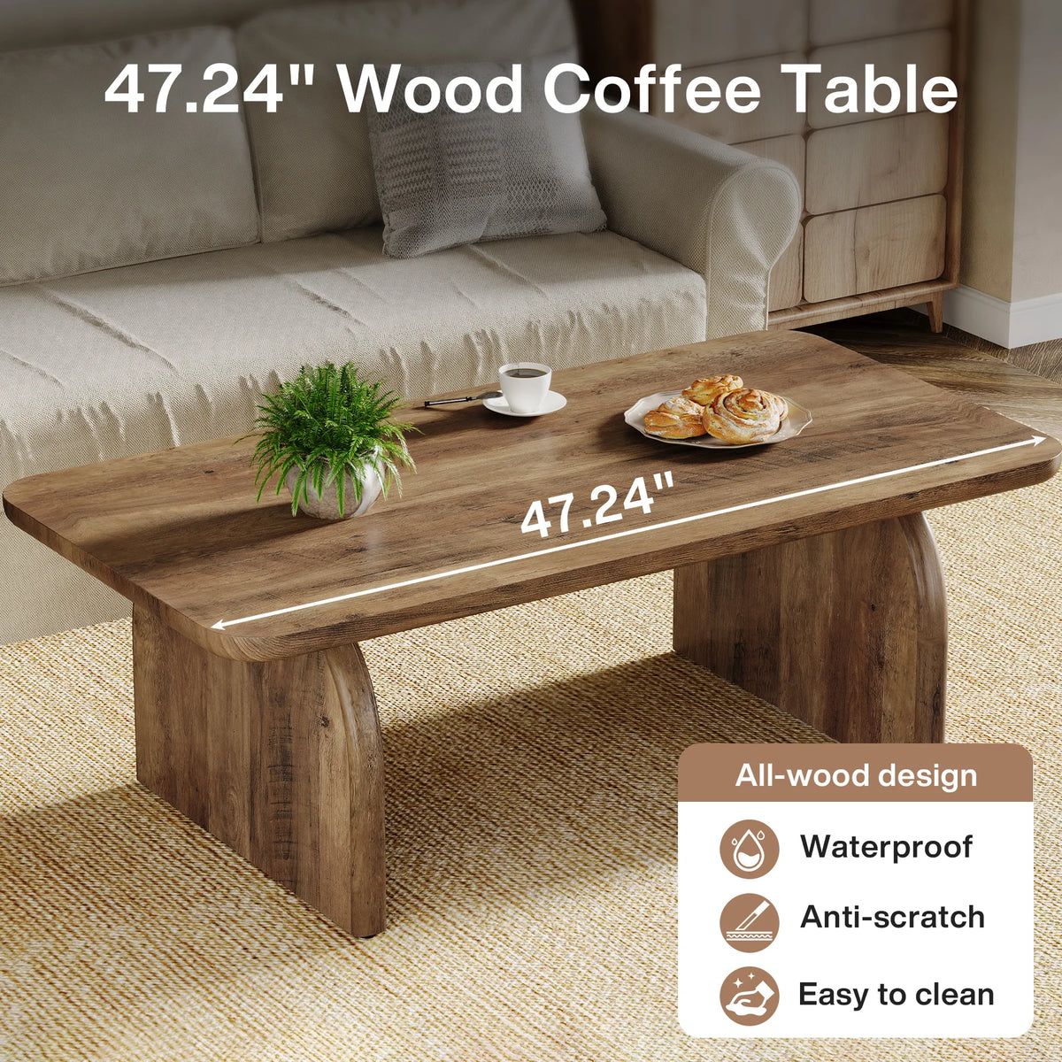Tribesigns Farmhouse Rectangular Coffee Table With Sturdy Wood Base