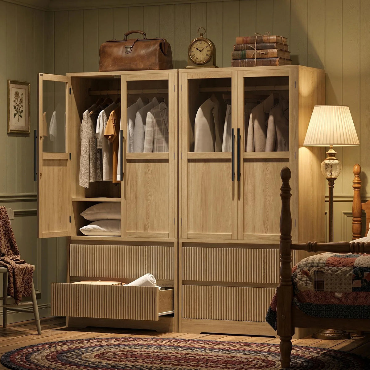 HiMISS Farmhouse Wardrobe Cabinet With Glass Door And Storage